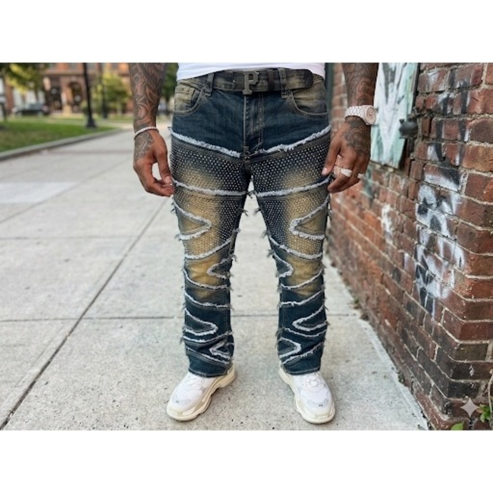 PJ Mark Mens Stacked Flare Distressed Rhinestone Studded Jeans Blue 30/34